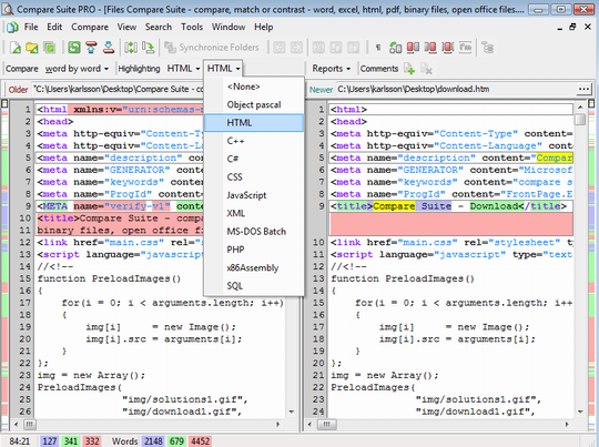 The source code of two HTML pages is compared. Compare Suite can also compare browser view of webpages.