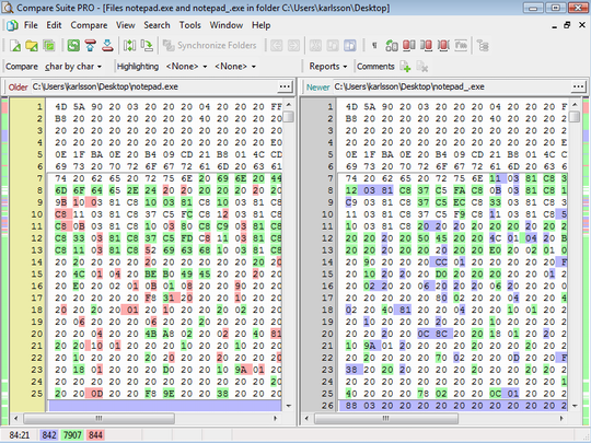 compare 2 files with hex or binary editor
